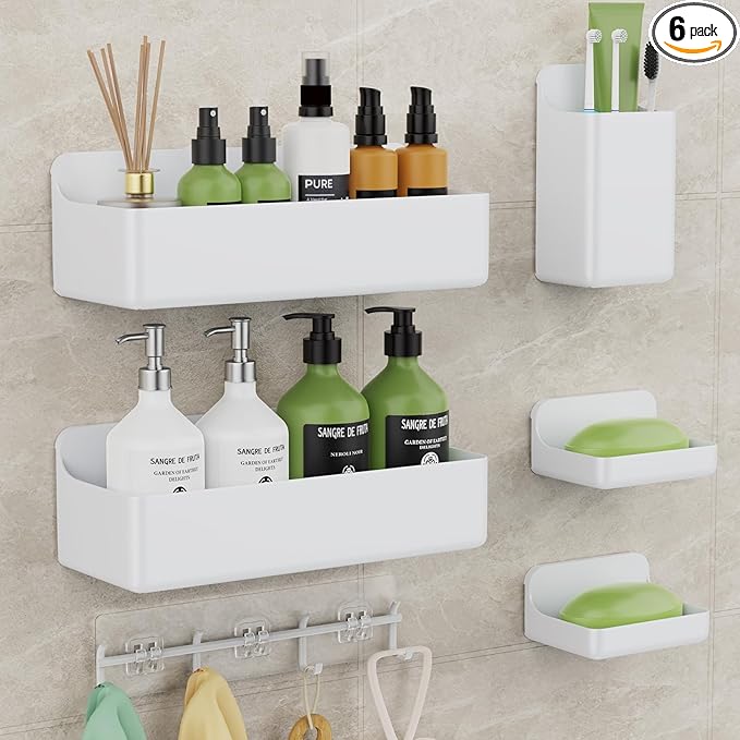 Adhesive Shower Caddy 6 Pack Rustproof Shower Shelves for Inside Shower No Drilling Bathroom Organizers and Storage with Soap Holder Large Rack (White)