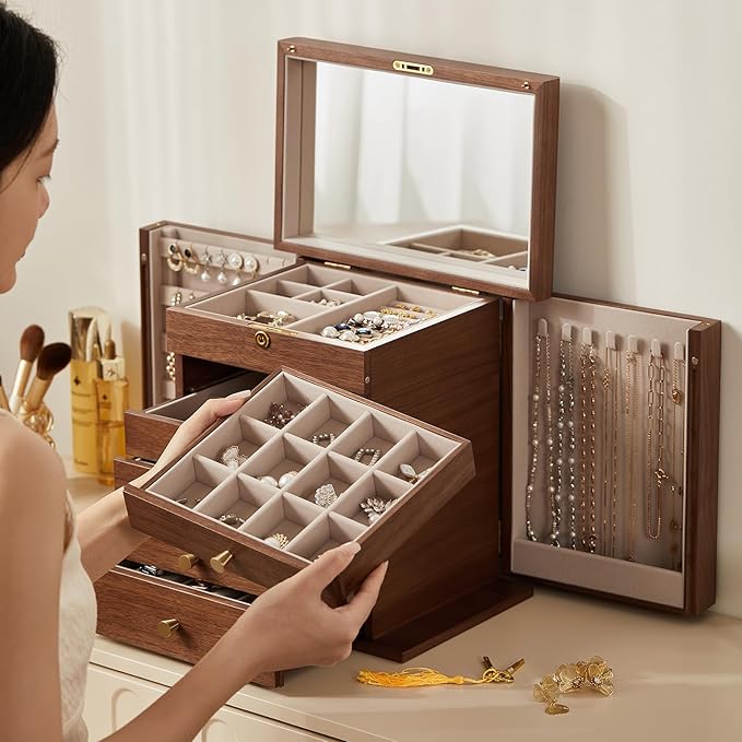 CHOSIN Black Walnut Wooden Jewelry Box, 6-Layer Lockable Wood Jewelry Organizer with Mirror, Side Doors & Brass Handle, Classical Design for Rings, Necklaces, Earrings, Mothers Day Gifts for Mom