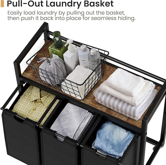 SwaaVee Laundry Hamper, Laundry Basket, Laundry Sorter with 3 Removable Bags, Clothes Basket with 3 Compartments, Wheels, Shelf for Laundry Room Bathroom Bedroom (3 Bags-Black)