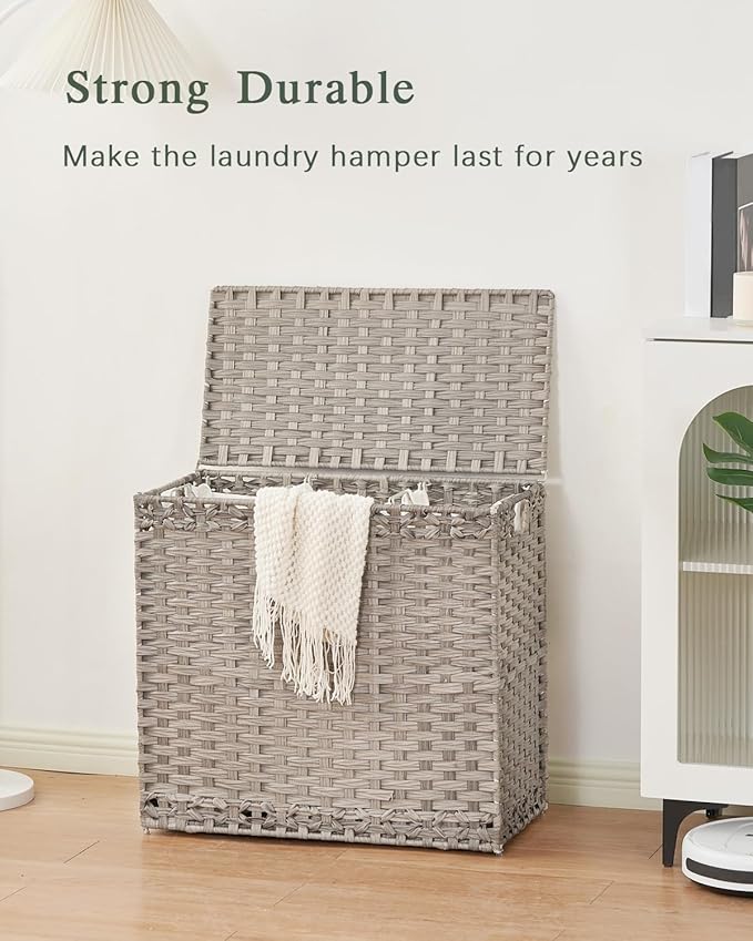 SETVSON Laundry Hamper with Lid Laundry Basket 132 L (35 Gal) Wicker Clothes Hamper, Handwoven Rattan Hamper with Handles and 4 Removable Liner Bags, 6 Mesh Bags for Laundry Bedroom Gray