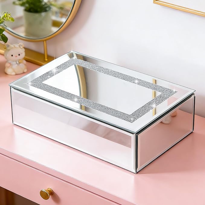 Luxury Mirrored Jewelry Box with Crushed Diamond - Glass Jewelry Box Organizer Storage Ring Holder Case for Women