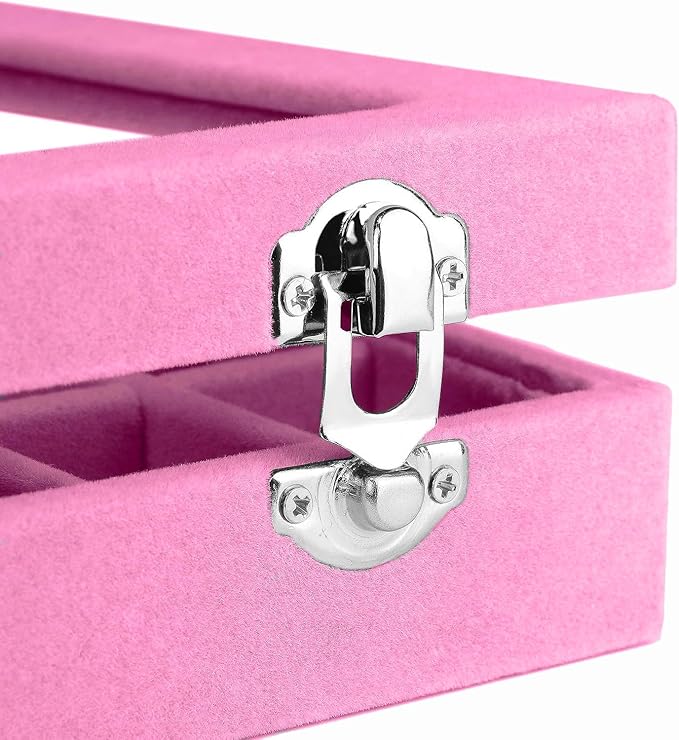 Jewelry Box Rings Organizer Tray 7 Slots Velvet Earring Storage Box With Transparent Lid Jewelry Display Case for Women (Light Pink)