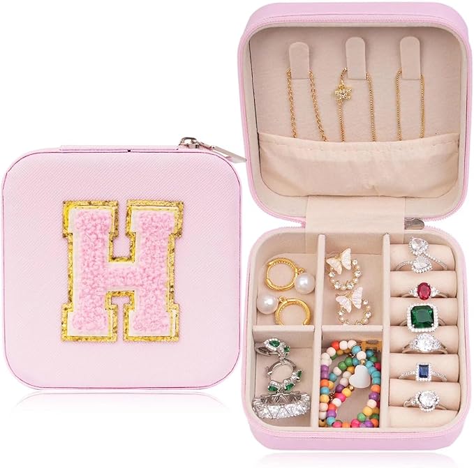 ETHOON Jewelry Travel Case Small Organizer Stocking Box Personalized Gifts Teenage Jewelry Accessories Holiday Wedding Christmas Gift for Women Pink, Letter H