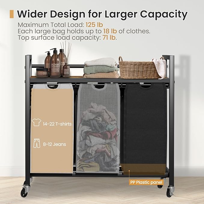 SwaaVee Laundry Hamper, Laundry Basket, Laundry Sorter with 3 Removable Bags, Clothes Basket with 3 Compartments, Wheels, Shelf for Laundry Room Bathroom Bedroom (3 Bags-Black Grey White)