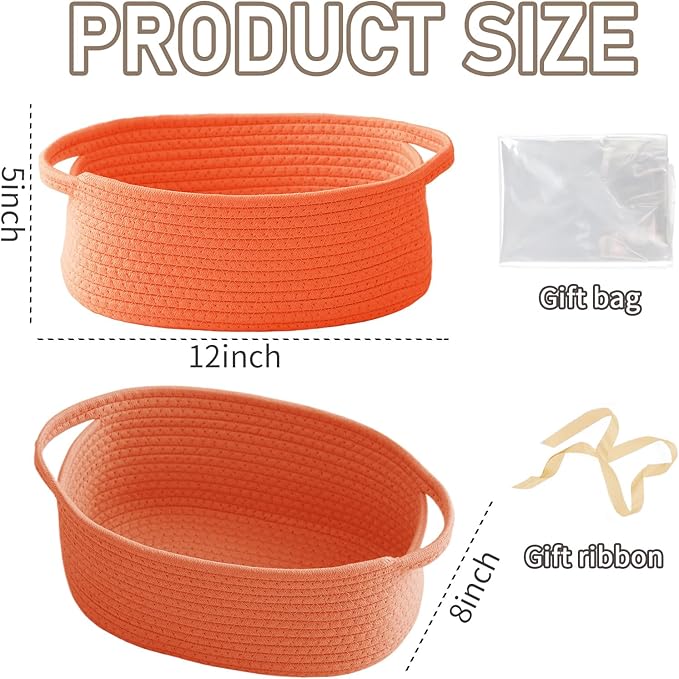JMvicyroam Woven Basket,Small Rope Storage Bin with Handles & Ribbon Bag, Organizer for Shelves Closets,Gift Basket Empty for Birthday,Books,Dog Toys,Orange/3 Pack