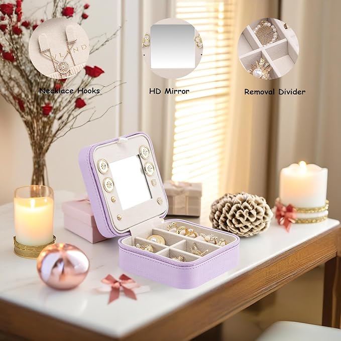 Vlando Small Travel Jewelry Box Organizer - Mirrored Carry-on Jewelries Necklaces Rings Earrings Necklace Storage Case, Purple