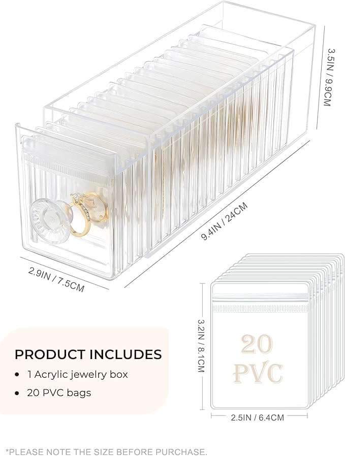 HOMEHIVE Clear Acrylic Jewelry Organizer Box with 20 Portable Pouches, Jewelry Storage Case for Women Girls, Tangle-Free, Anti-Tarnish, Compact Storage for Necklaces/Earrings/Rings, Upgraded Clear