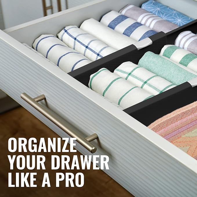 RAPTUROUS Adjustable Drawer Dividers 8 Pack, 4” High, 11-17” Long, Dresser Drawer Organizer for Bedroom, Closet, Kitchen, Nursery, Office, Strong Hold, Soft Foam Edges, Black
