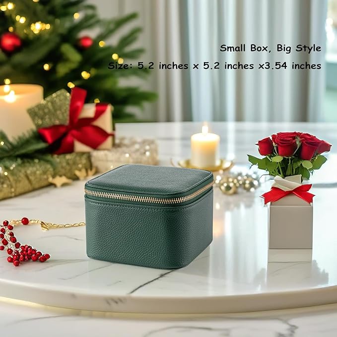 VLANDO Travel Jewelry Box Organizer – Portable PU Leather Jewelry Case with 6/8/12 Zippered Pouches, Compact Storage for Earrings Rings Necklaces Bracelets, Dark Green