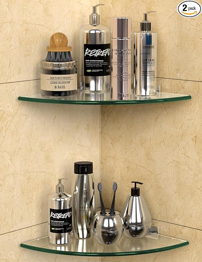 Bakzon Tempered Glass Corner Shower Shelves for Inside Shower, 2-Pack No Drill Adhesive Bathroom Organizer, Rustproof Aluminum Brackets, Glass Shower Corner Shelf