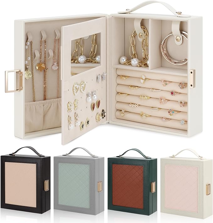 DesignSter Travel Jewelry Case for Woman, Portable Jewelry Travel Box with Mirror, PU Leather Small Jewelry Organizer with Handle for Rings Earrings Bracelets Necklaces(Beige & Pink)