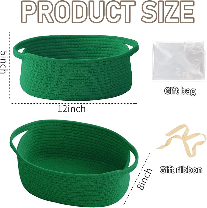 JMvicyroam Woven Basket,Small Rope Storage Bin with Handles & Ribbon Bag, Organizer for Shelves Closets,Gift Basket Empty for Birthday,Books,Dog Toys, Green/3 Pack