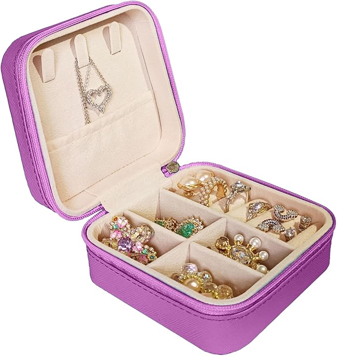 Small Travel Jewelry Box, Portable Mini Jewelry Leather Box Jewelry Ring Organizer Case Storage Holder Gift Boxes for Girls Women, Lilac purple