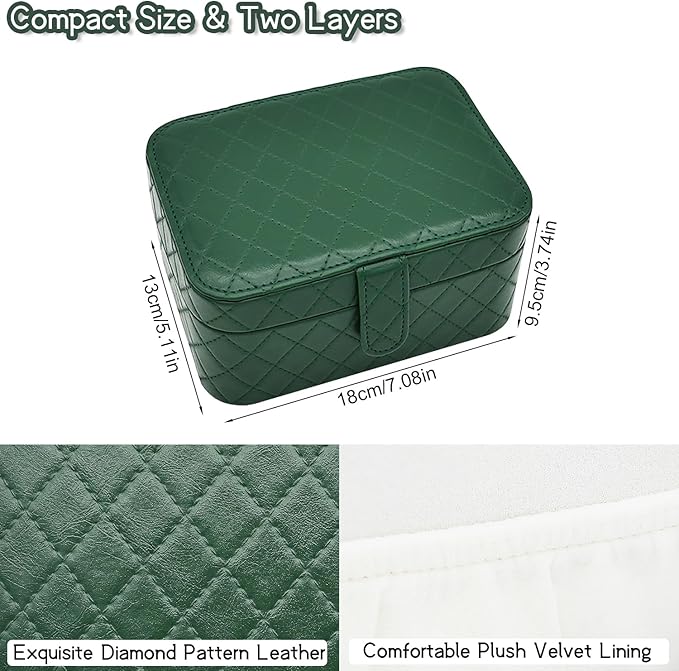 Jewelry Travel Case, 2-Layer Jewelry Box Organizer Medium Jewelry Travel Box, Portable Faux Leather Jewellery Storage Boxes with Argyle for Women, Daily Jewellery Case Home Use (Dark green)