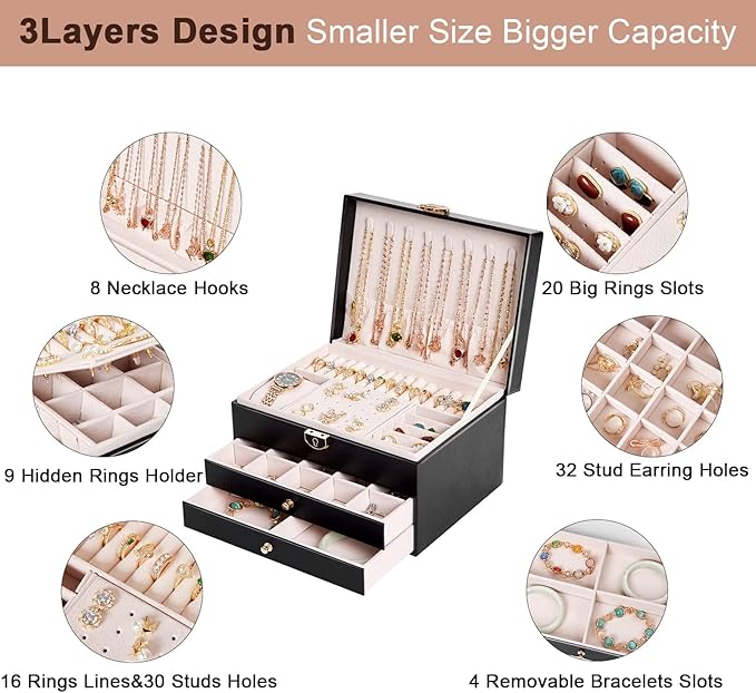 Jewelry Organizer Box for Women, Large Jewelry Organizer with Lock, 3 Tier Storage Box with Velvet Lining, 2 Drawers, Necklace Hooks, Ring Rolls