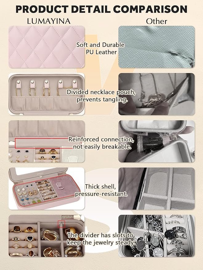 Travel Jewelry Case with Mirror, Quilted Small Jewelry Box Organizer for Women Girls, Portable Earring Necklace Bracelet Ring Holder Storage for Travel Weekend Trips (Blush Pink)