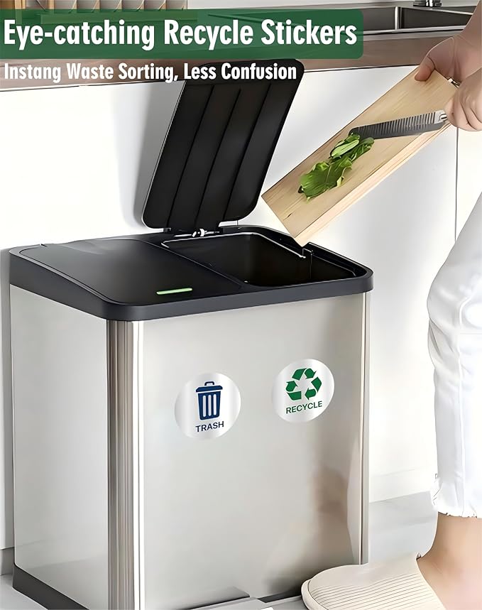 Recycle Stickers for Trash Bins 4Pcs, Waterproof Self-Adhesive Trash and Recycle Stickers for Home, Office, Hotel, Apartment, School, Recycling Signs for Indoor/Outdoor Garbage Can
