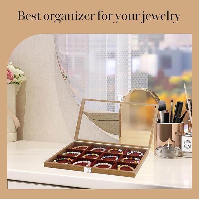 KOOAAICCHI Jewelry Organizer Tray 12 Grid Velvet Jewelry Storage Box with Clear Lid Jewelry Display Case with Lock Bracelet Earring Ring Organizer Showcase Gifts for Girls Women-12 Grid Wooden Brown