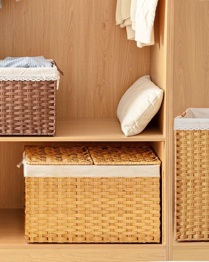 SETVSON Storage Basket with Lid Wicker Baskets for Storage with 2 Separate Lid 42.3 Gallon (160 L) 29.9 x 17.3 x 18.1 Inches Rattan Woven Large Wicker Basket with 2 Liners for Bedroom Laundry Natural