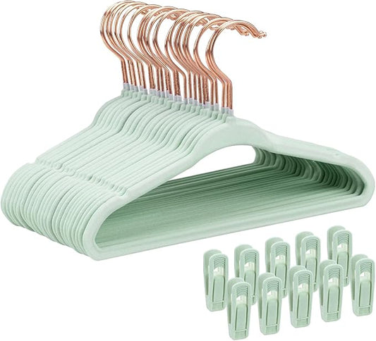 Tonswachic Baby Velvet Hangers 30 Pack - 11 Inch Premium Non Slip Kids Felt Hanger for Infant Clothes - Ultra Thin Baby Felt Hangers for Toddler Children's Closet with 10 Hanger Clips - Green