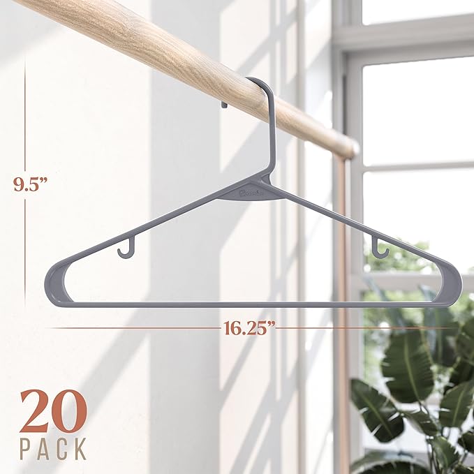 Plastic Hangers 20 Pack Grey - Clothes Hangers - Makes The Perfect Coat Hanger and General Space Saving Hangers for Closet and New Apartment Essentials - Percheros Ganchos para Colgar Ropa Hangars