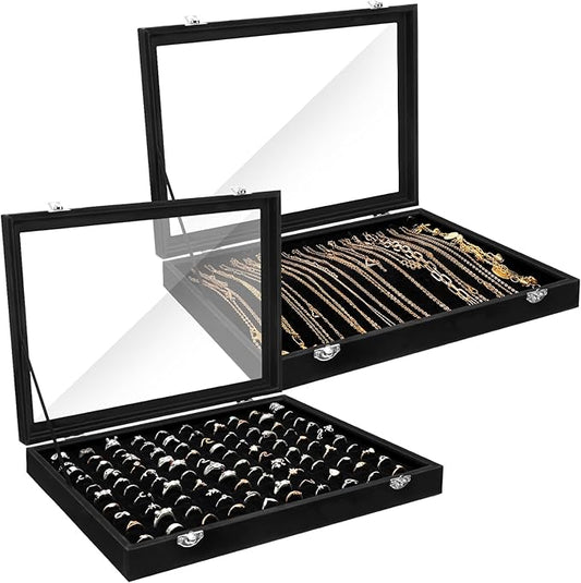 Yinkin 2 Pcs 100 Slots Ring Organizer Box with Transparent Glass Lid Necklace Display Tray Ring Case Velvet Jewelry Holder (Black)