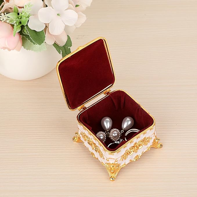Hipiwe Vintage Jewelry Box Trinket Organizer Enameled Metal Treasure Chest Ring Holder Earrings Storage Case Decorative Keepsake Box Gift for Women, Small 3"x3"x2.4"