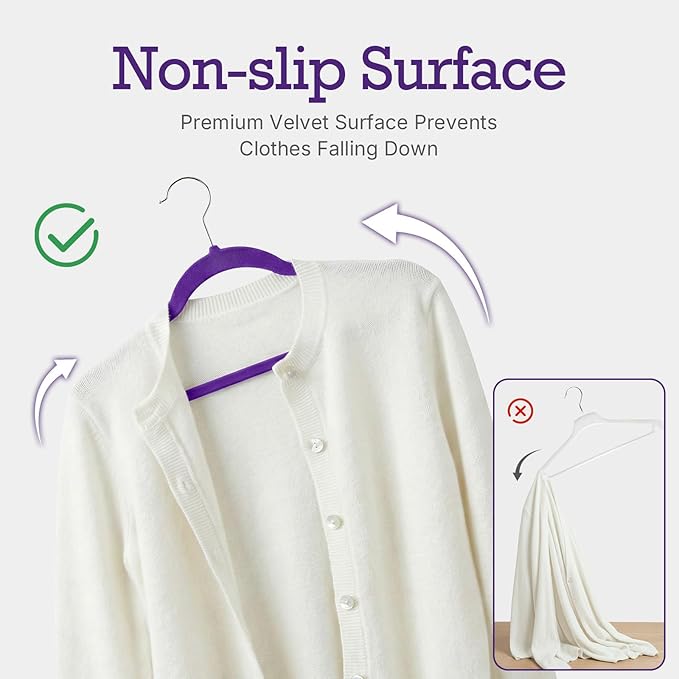 HOUSE DAY Noble-Purple Velvet Hangers 60 Pack, Non Slip Clothes Felt Hanger Heavy Duty for Coat, Premium Slim Space Saving Suit Hangers for Closet Organizer, 360° Rotating Silver Hook