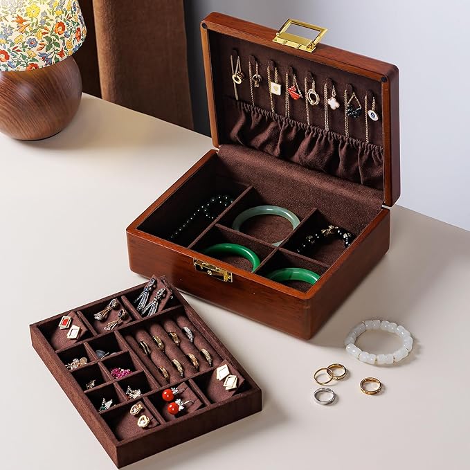Solid Walnut Wood Jewelry Box with Lock, 2 Layer Velvet Jewelry Organizer Storage Lined for Earrings Rings Necklaces Bracelets Cufflink Gift Idea for Men Women, Vintage Brown