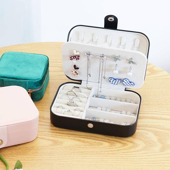 Travel Jewelry Case for Women Girls,PU Leather Small Travel Box Organizer, 6.3x4.3,Black,1Pack