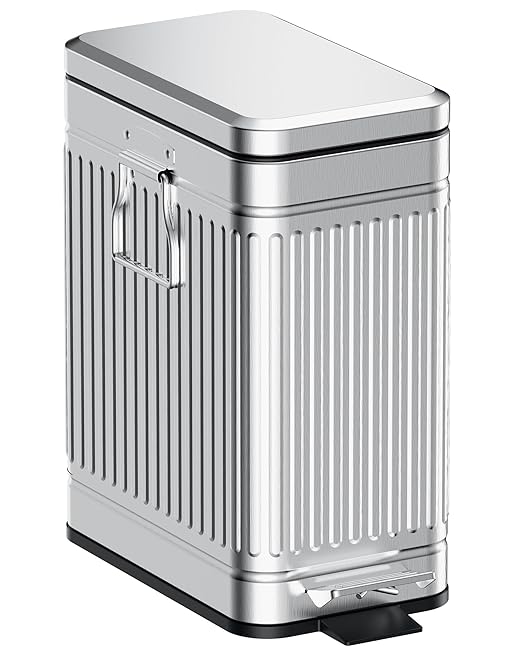 Small Bathroom Trash Can with Lid Soft Close, 6L / 1.6 Gallon Stainless Steel Garbage Can with Step Pedal & Odor Control, Slim Trash Bin for Toilet, Office, Bedroom - Sliver