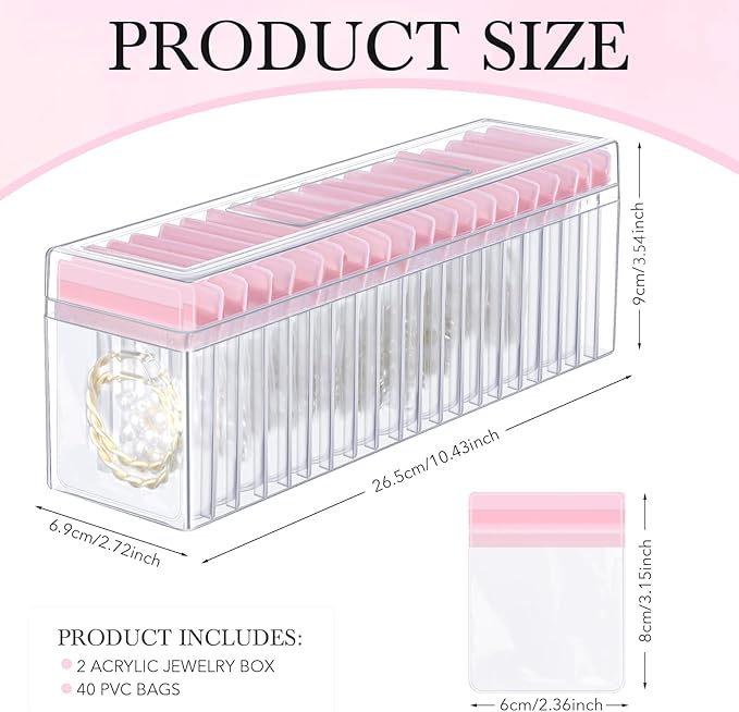 Kenning 42 Pcs Acrylic Jewelry Case Organizer, Clear Jewelry Organizers Holder with Portable Anti Tarnish Storage Bags for Rings, Earrings, Necklaces, Ideal Gifts for Women (Pink)