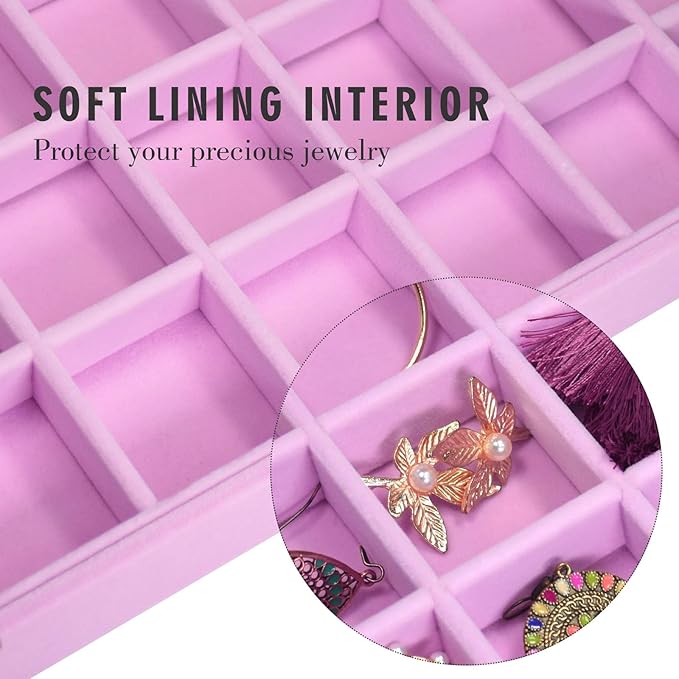 Siveit Velvet Jewelry Tray 48 Grid Jewelry Display Tray Organizer Box with Transparent Lid Rings Earrings Necklaces Pendants Display Box Suitable for Women and Girls (Pink)