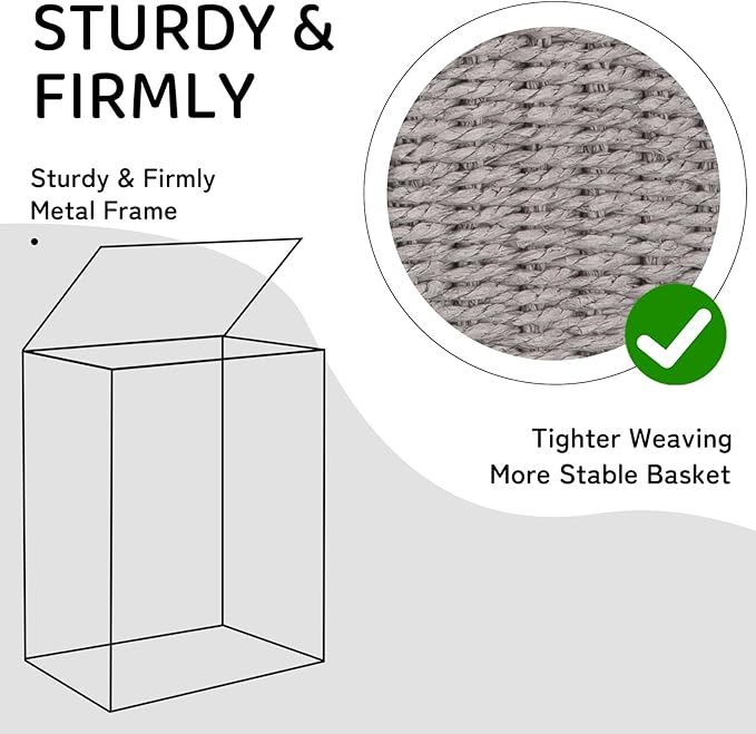 OIAHOMY Laundry Hamper with Lid, 90L(23.8 Gal) Large Wicker Laundry Basket for Bedroom, Handwoven Paper Rope Clothes Hamper with Washable Liner & Metal Frame, Decorative Organizer for Bathroom Grey