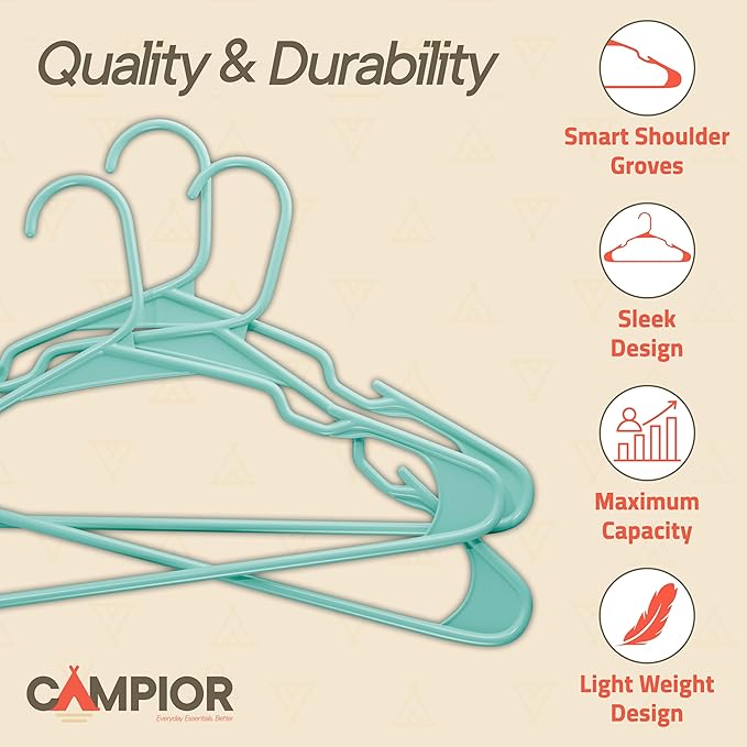 Plastic Clothes Hangers – Heavy Duty Hanger Set, for Organizing Clothes, Dresses, and Coat, Holds Up to 5 lbs, Space-Saving Hangers with Non-Slip Shoulder Grooves, Pack of 50, Aqua
