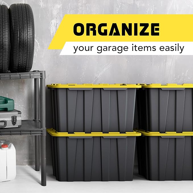 4 PACK Large Black & Yellow Storage Bins | Plastic Tote Organizing Container with Secure Latching Lids, Stackable, Extra Strength with Built in Handle | Black and Yellow Bins | 24.5" x 16.5" x 13.5"
