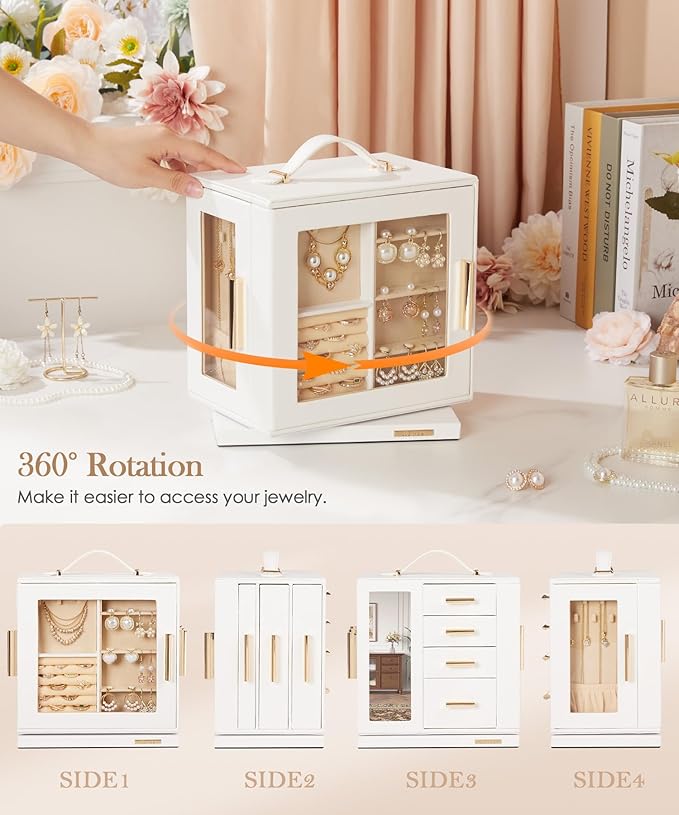 Homde Mothers Day Gifts Jewelry Box 360° Rotating, Necklace Earring Organizer with Transparent Window, Mirror, 7 Drawers, Large Ring Display Storage Case for Girls Women (White)