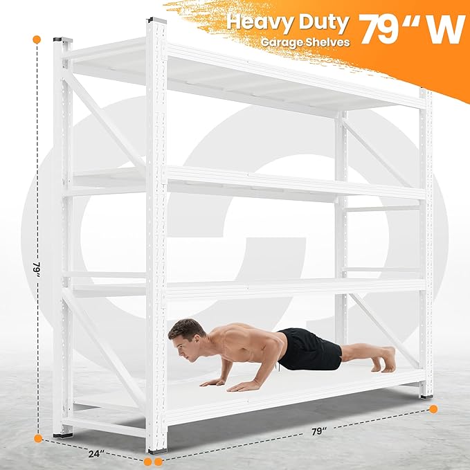 79”W Garage Shelving Heavy Duty, 7000LBS Metal Storage Shelves, 24” Deep Storage rack shelf, Steel Tall Industrial Shelving , 4 Tier Adjustable Standing Shelf for Warehouse / Shop 79"W x 24"D x 79"H
