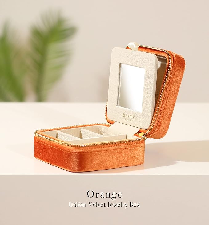 BLUTETE Travel Jewelry Box Organizer Velvet Travel Case With Mirror Rings Earrings Necklaces Storage Organizer Box (Orange)