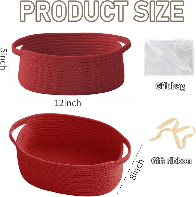 JMvicyroam Woven Basket,Small Rope Storage Bin with Handles & Ribbon Bag, Organizer for Shelves Closets,Gift Basket Empty for Birthday,Books,Dog Toys, Red/2 Pack