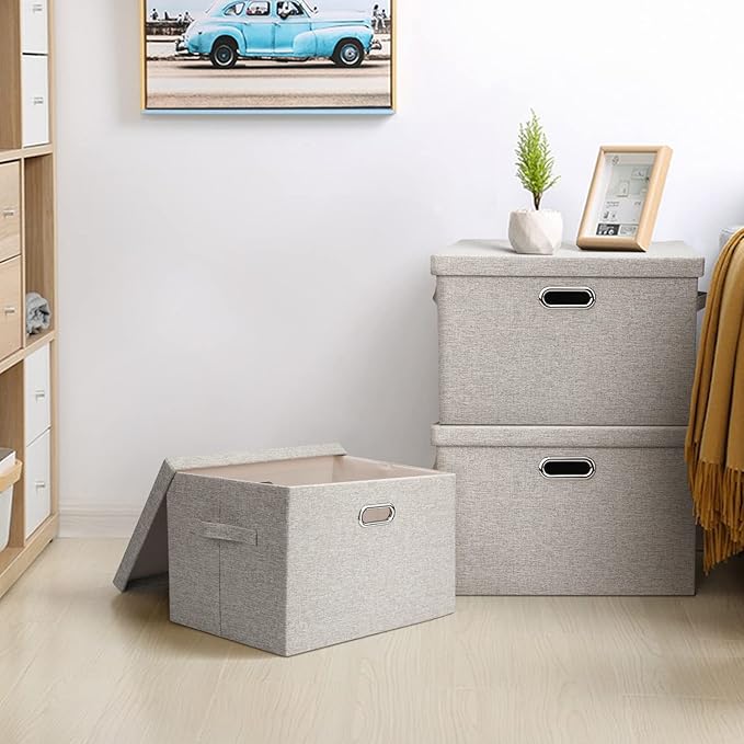 Graciadeco Large 17 36 Quart Collapsible Stackable Storage Bins with Lids, 1 Pack Beige Foldable Fabric Closet Storage Boxes with Lids, 4 Handles Toy Heavyduty Dark Gray Linen Storage Cube Box