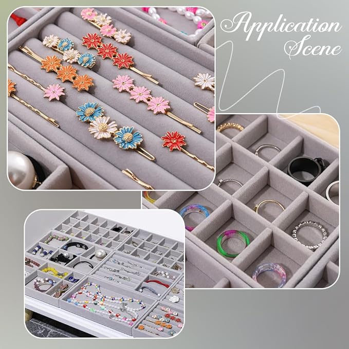 2Pcs 5 x 8.3 Inch 18 Grid Jewelry Tray Drawer Insert Velvet Earring Organizer Display Case Storage with Removable Divider Container Box for Rings Watch Necklace Trinket Holder Showcase Gray