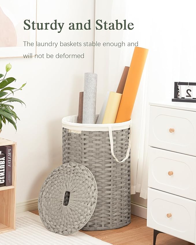 SETVSON Large Laundry Hamper Laundry Basket Round 34.3 Gal (130 L) Handwoven Wicker Laundry Baskets Rattan Laundry Basket with Laundry Bag Handles 2 Mesh Bags for Living Room Bedroom Gray