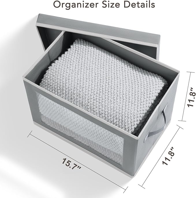 Homsorout Large Storage Bins with Lids - Stackable Cube Bins for Closet, 5 Pack Clear Windows Fabric Organizer Bins, Home Organizers and Storage for Clothes, CD, Towels, Grey