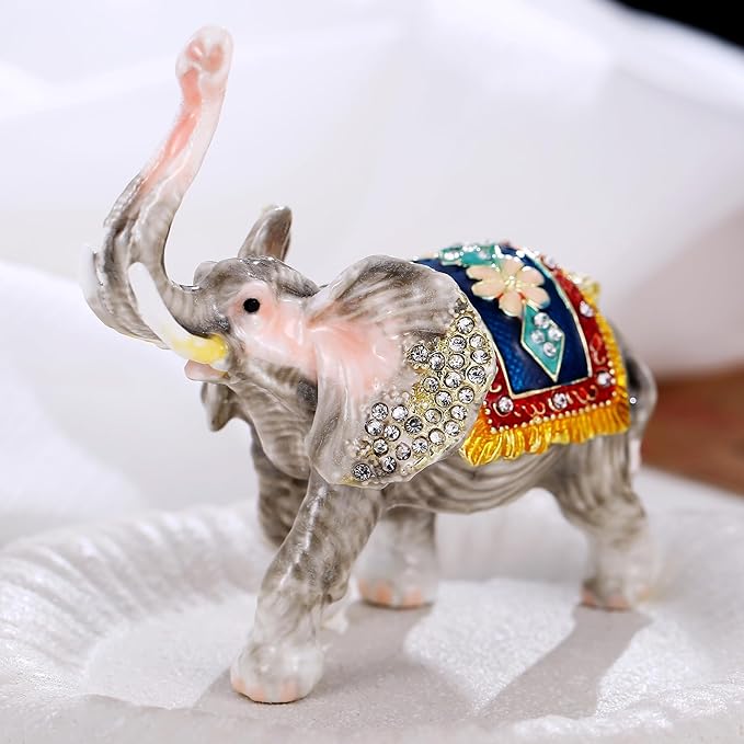 Hand Painted Animal Trinket Box for Home Decor, Hinged Jewelry Organizer Storage, Unique Personalized Collectible Keepsake Figurine Handmade Decorative Ornament Gifts (Lucky Elephant)
