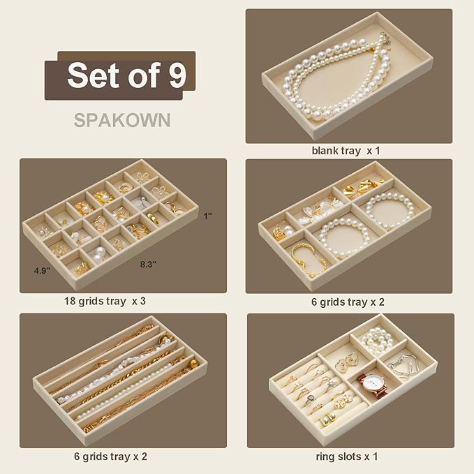 Stackable Jewelry Organizer Trays Set of 9, Small Velvet Jewelry Organizers Earring Necklace Ring Bracelet Display Case Storage for Drawer Dresser (Beige)