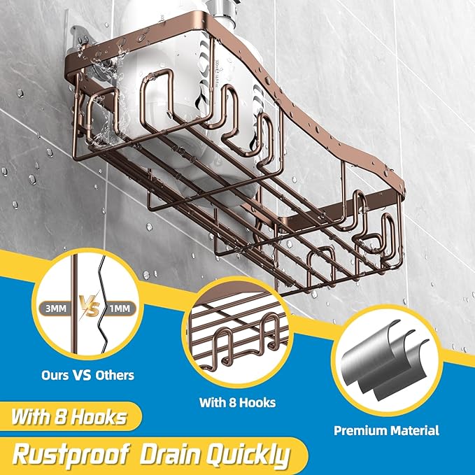 Youvip Adhesive Shower Caddy, No Drilling Bath Organizers 5 Pack, Rustproof Shelves with Soap Holder & Toothbrush Holder, Bathroom Organizers and Storage, Bronze