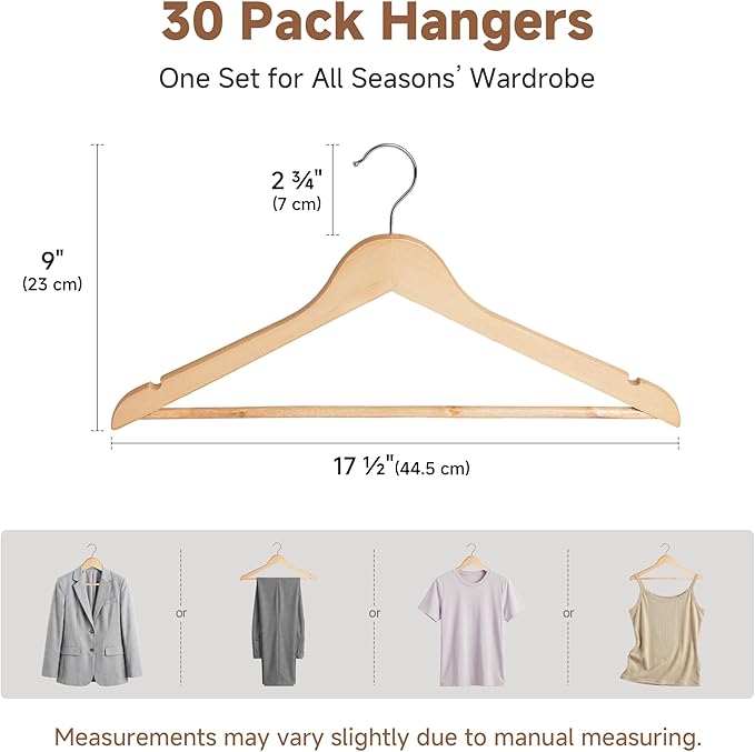StorageWorks Wooden Hangers 30 Pack, Wood Coat Hangers for Closet, Heavy Duty Clothes Hangers for Suits, Shirts, Pants, Jackets, Natural Wood Color