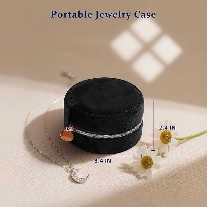 CONBOLA Travel Jewelry Case Small Jewelry Box for Women Girls,Round Velvet Mini Jewelry Travel Organizer,Portable Jewelry Box for Rings Earrings Necklaces Bracelets.(Black,Small)