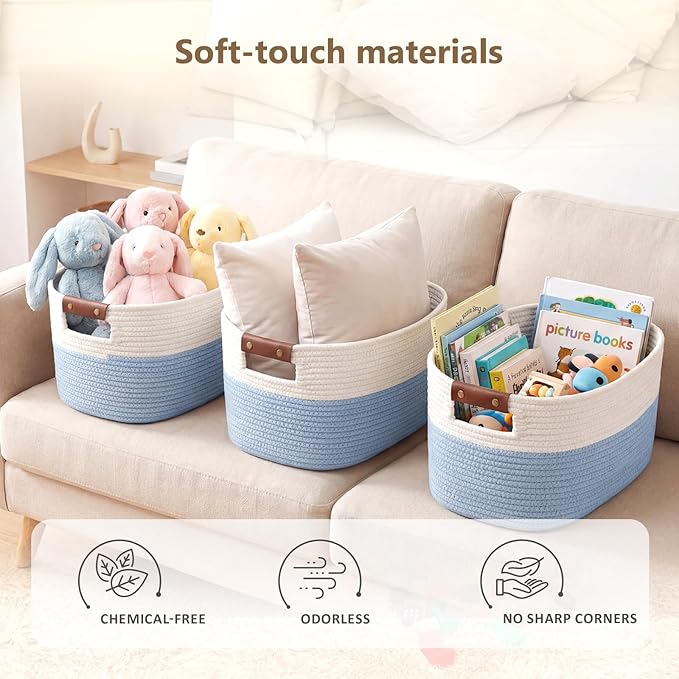 ECDYQXVU Cotton Rope Basket, Storage Baskets with Handle, 15x10x9 Inch Woven Basket for Shelves, Laundry, Towels, Clothes, Books (White/Blue 1Pack)